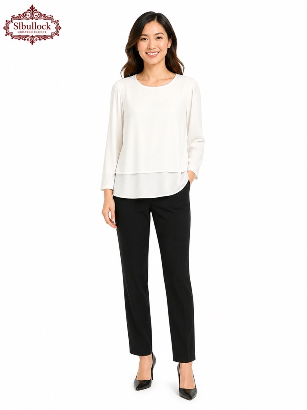 D6 DG2 by Diane Gilman Size Large Layered White Blouse 3/4 Sleeve Career Top
